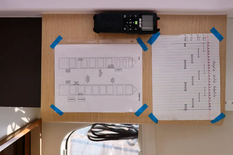 Alegria Yacht Photos Pics 2017 Outremer 51 yacht interior with navigation equipment and schedule charts.