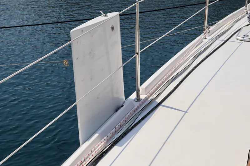 Alegria Yacht Photos Pics Outremer 51 sailboat deck detail, 2017 model, with water in the background.
