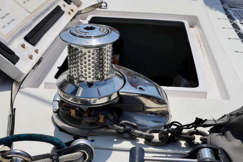 Alegria Yacht Photos Pics Winch and chain on 2017 Outremer 51 yacht deck.