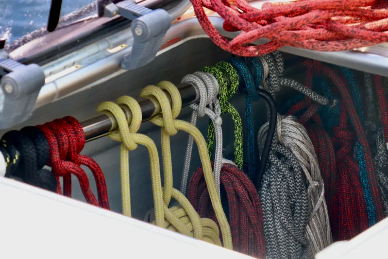 Alegria Yacht Photos Pics Colorful ropes neatly stored on a 2017 Outremer 51 sailboat.