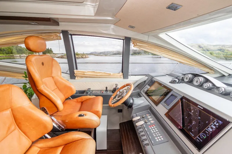  Yacht Photos Pics 2008 Azimut 62S yacht cockpit with leather seats and advanced navigation controls.