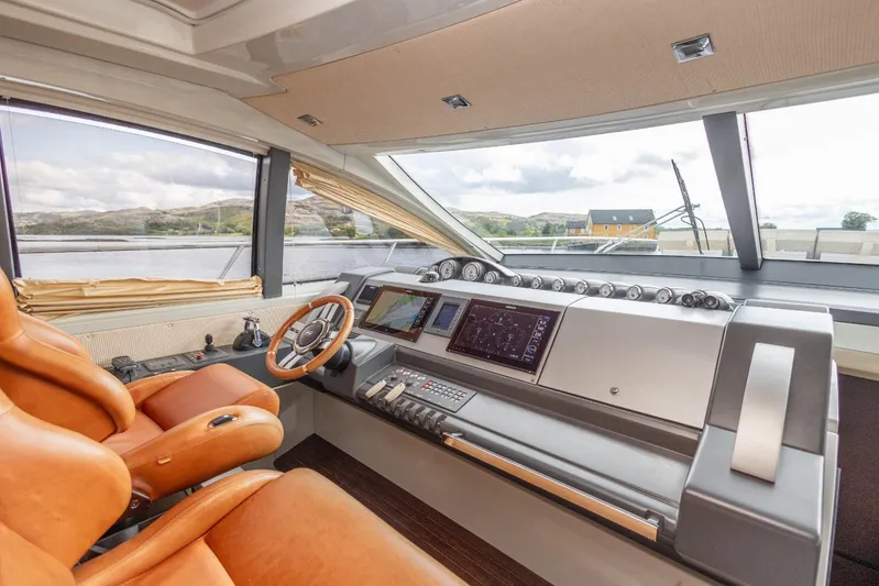  Yacht Photos Pics Interior helm of 2008 Azimut 62S yacht with leather seats and modern navigation equipment.