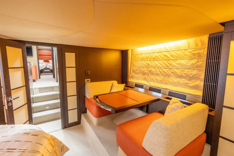  Yacht Photos Pics Luxurious interior of 2008 Azimut 62S yacht with elegant seating and ambient lighting.