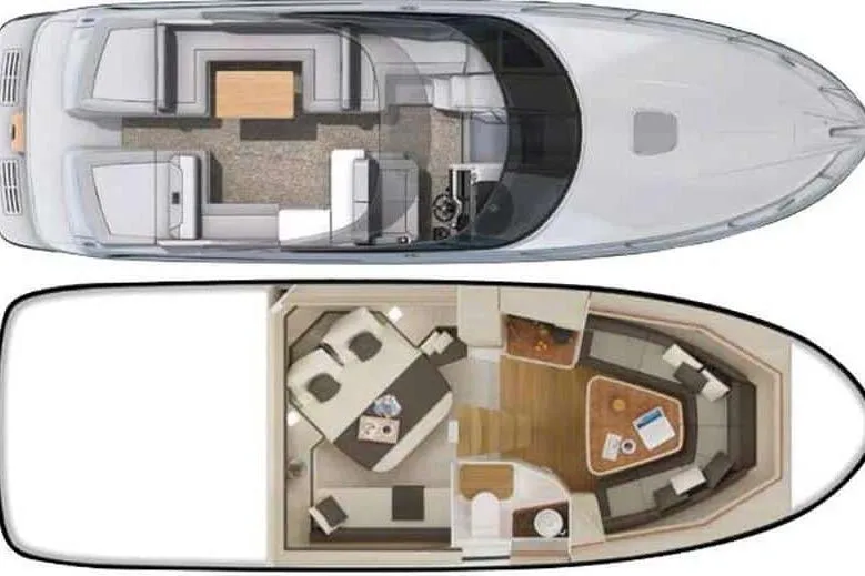  Yacht Photos Pics 2013 Searay 370 Venture boat layout with upper deck and cabin interior design.
