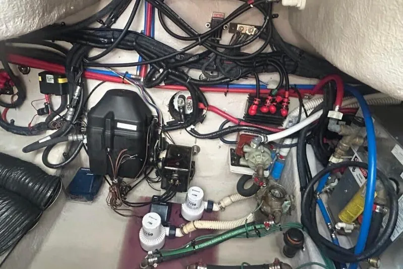  Yacht Photos Pics Engine compartment of a 2013 Searay 370 Venture with wiring and mechanical components.