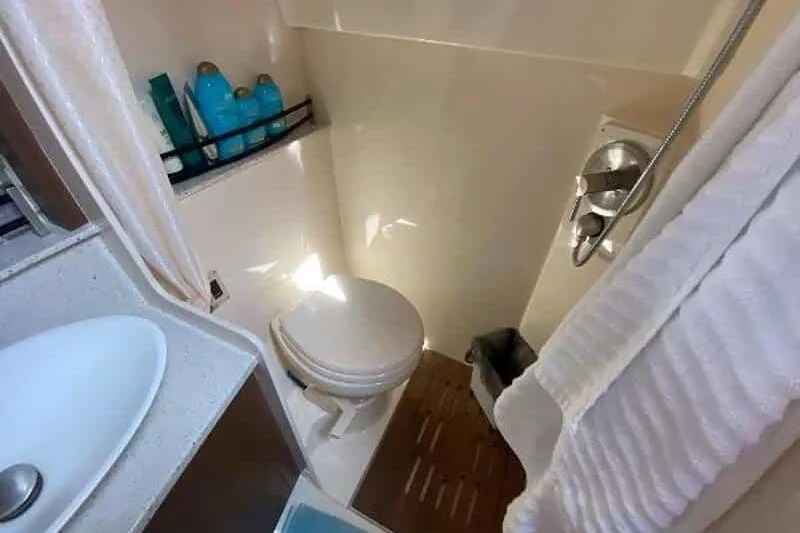  Yacht Photos Pics 2013 Searay 370 Venture bathroom with toilet, sink, and shower amenities.