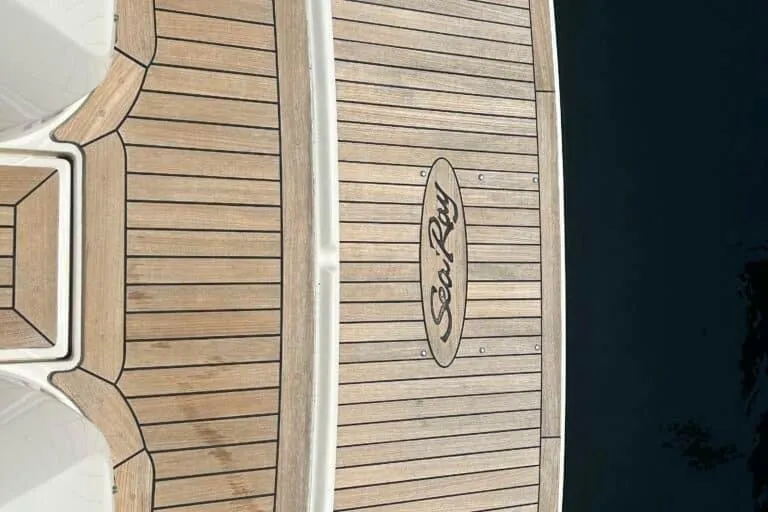  Yacht Photos Pics Teak swim platform of 2013 Searay 370 Venture with logo.