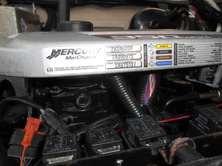 Legasea Yacht Photos Pics Mercury MerCruiser engine in 2013 Sea Ray 330 Sundancer boat, showing serial numbers and wiring.