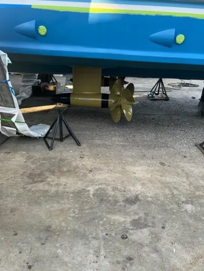 Oyster Yacht Photos Pics 2012 Custom Carolina Ritchie Howell 60 Sportfish boat propeller and hull during maintenance.