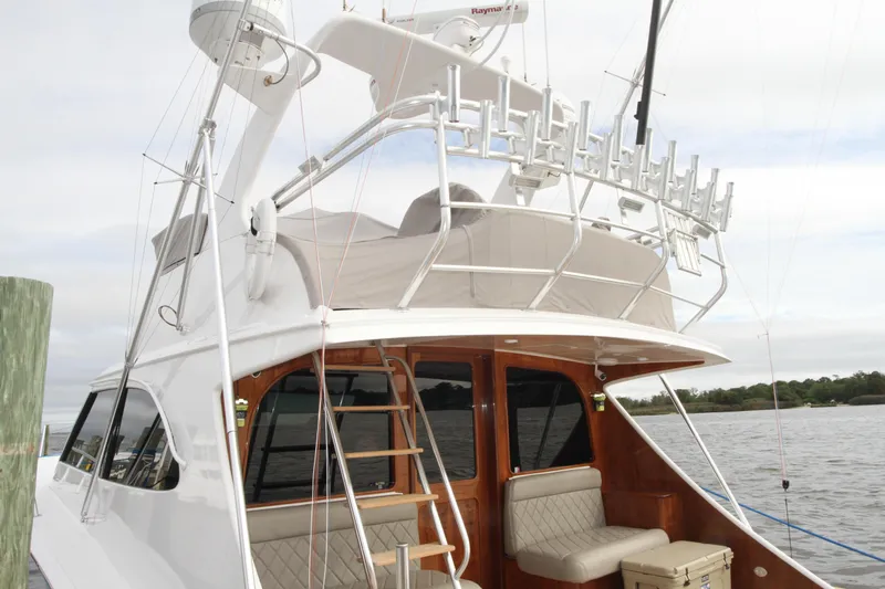 Oyster Yacht Photos Pics 2012 Custom Carolina Ritchie Howell 60 Sportfish yacht docked, rear view.