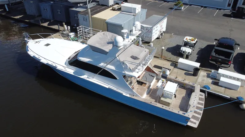 Oyster Yacht Photos Pics Aerial view of 2012 Custom Carolina Ritchie Howell 60 Sportfish yacht docked.