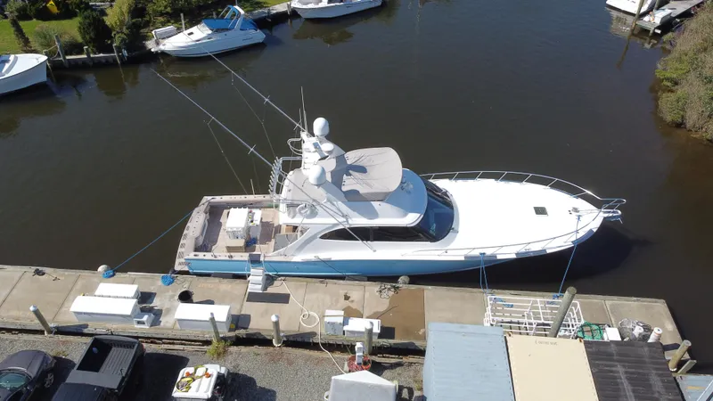 Oyster Yacht Photos Pics Aerial view of a 2012 Custom Carolina Ritchie Howell 60 Sportfish yacht docked.