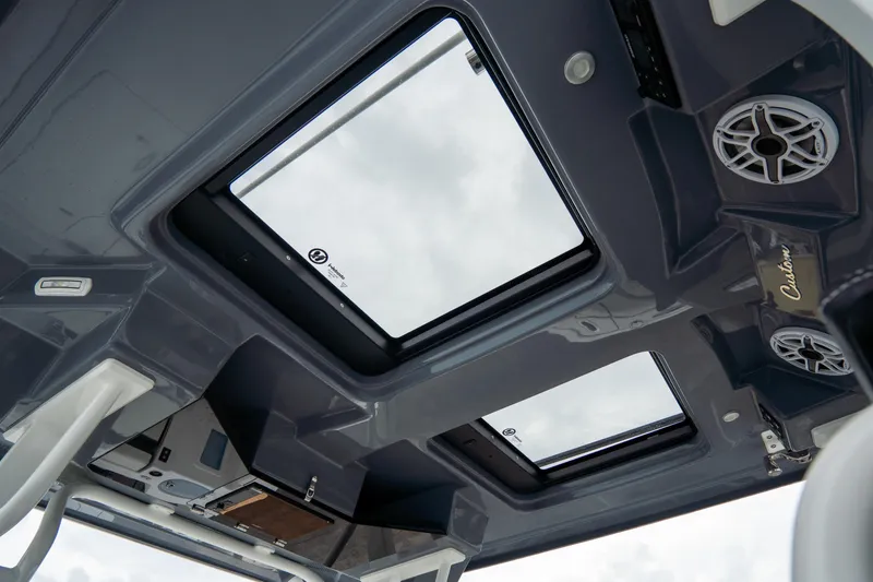  Yacht Photos Pics 2023 Tidewater 380 CC Adventure boat roof with skylights and speakers.