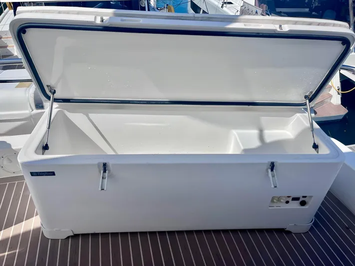 Ida Cat Yacht Photos Pics Open storage compartment on 2017 Leopard 51 Powercat boat deck.
