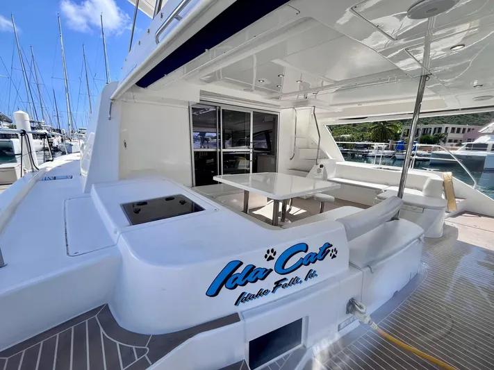 Ida Cat Yacht Photos Pics Leopard 51 Powercat 2017 yacht with spacious deck and seating area in marina.