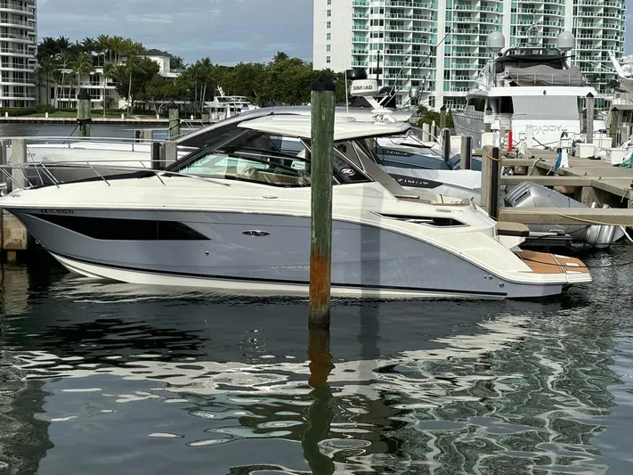  Yacht Photos Pics 2019 Sea Ray Sundancer 320 docked at marina with modern buildings in background.