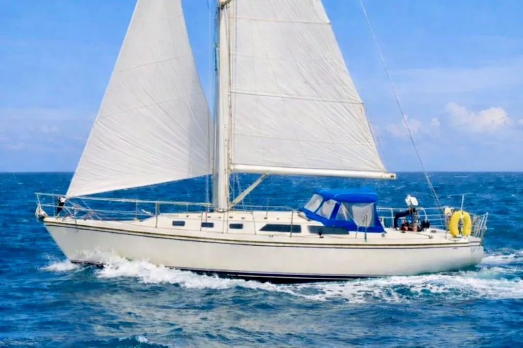 1988 Catalina MK I sailboat navigating blue ocean waters under clear skies.