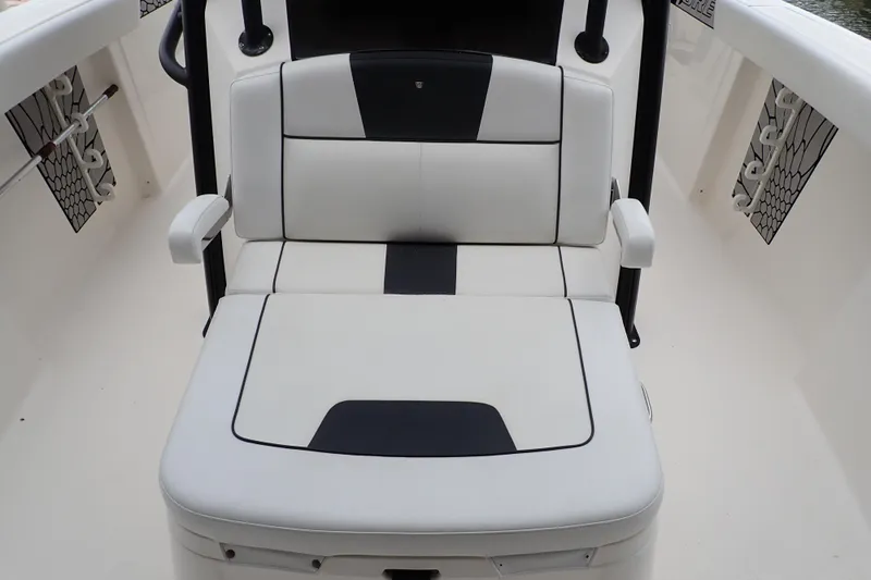  Yacht Photos Pics 2019 Wellcraft 352 Fisherman boat seat with white and black upholstery.