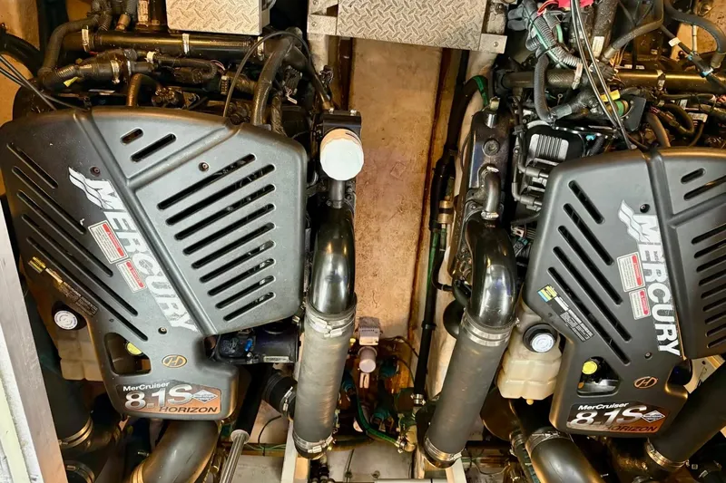  Yacht Photos Pics Engine room of a 2003 Sea Ray 380 Sundancer with twin Mercury MerCruiser 8.1S engines.