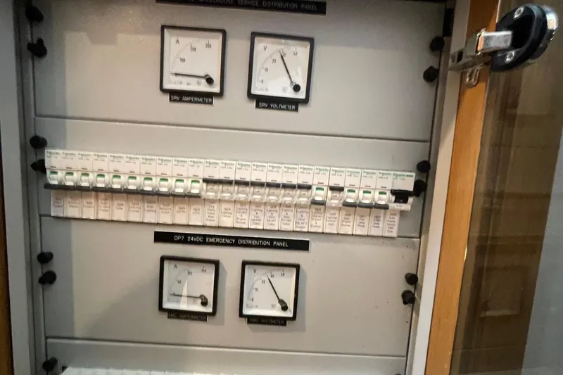Firefly Yacht Photos Pics Electrical distribution panel with gauges and circuit breakers, Serenity 64, 2018 model.