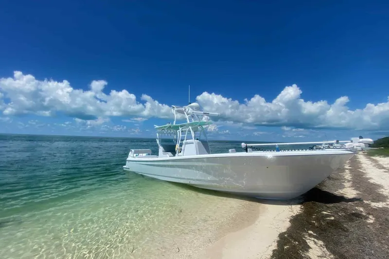 El Viaje Yacht Photos Pics 2023 Andros Offshore 32 boat on sandy beach with clear blue sky and ocean.