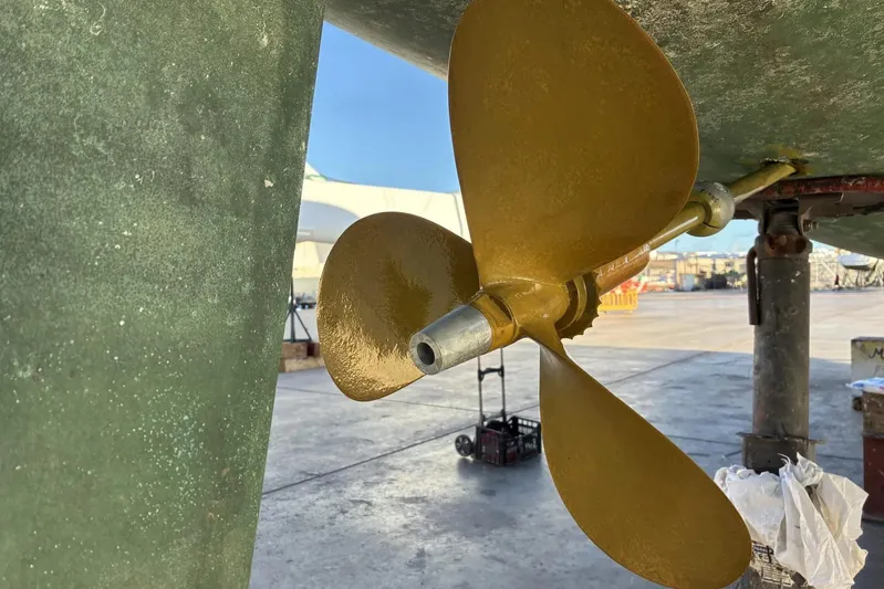Scout Yacht Photos Pics Close-up of a 1992 Privilege 482 boat propeller on dry dock.
