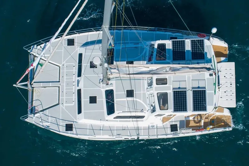 Lost Abbey Yacht Photos Pics Aerial view of 2021 Royal Cape Catamarans Majestic with solar panels on deck.