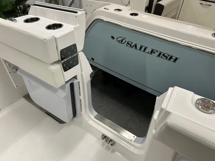  Yacht Photos Pics 2024 Everglades 285 Center Console boat interior with Sailfish logo and seating area.