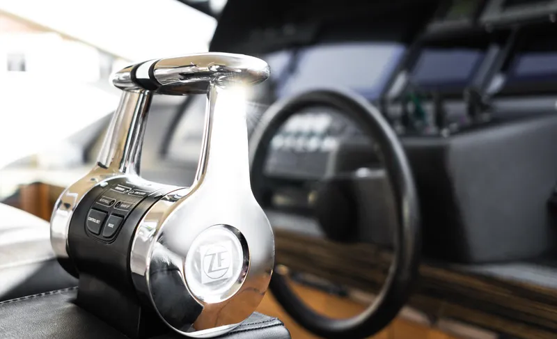  Yacht Photos Pics Throttle control of a 2012 Pershing 92 yacht cockpit.