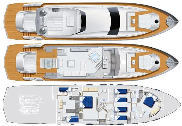 Yacht Photos Pics Floor plan of a 2012 Pershing 92 yacht, showcasing three detailed levels.
