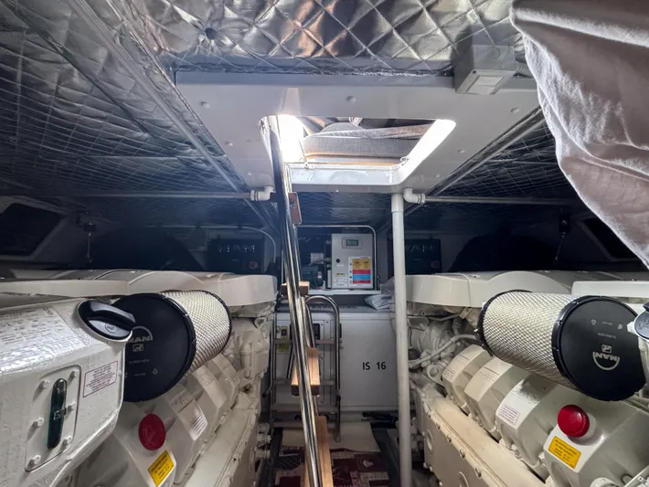 My Life Five III Yacht Photos Pics Engine room of 2023 Rizzardi GR 63 yacht, featuring dual engines and control panel.