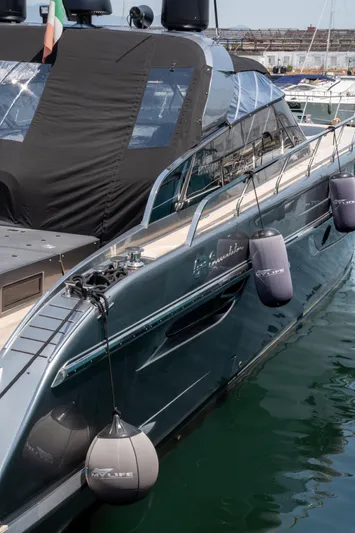 My Life Five III Yacht Photos Pics 2023 Rizzardi GR 63 yacht docked, sleek design with protective fenders, luxury maritime vessel.