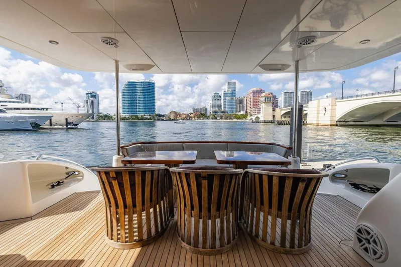  Yacht Photos Pics Luxury Hatteras 80 Motor Yacht 2013 with elegant deck and city skyline view.