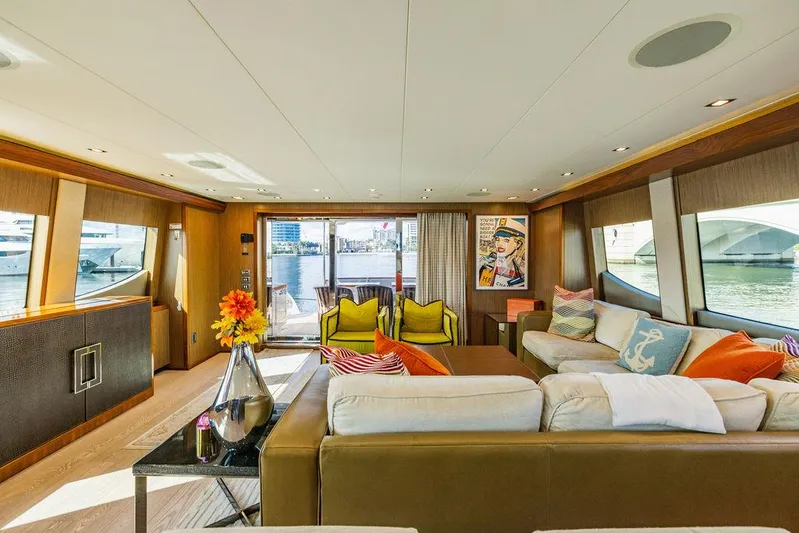  Yacht Photos Pics Luxurious interior of 2013 Hatteras 80 Motor Yacht with modern decor and waterfront view.