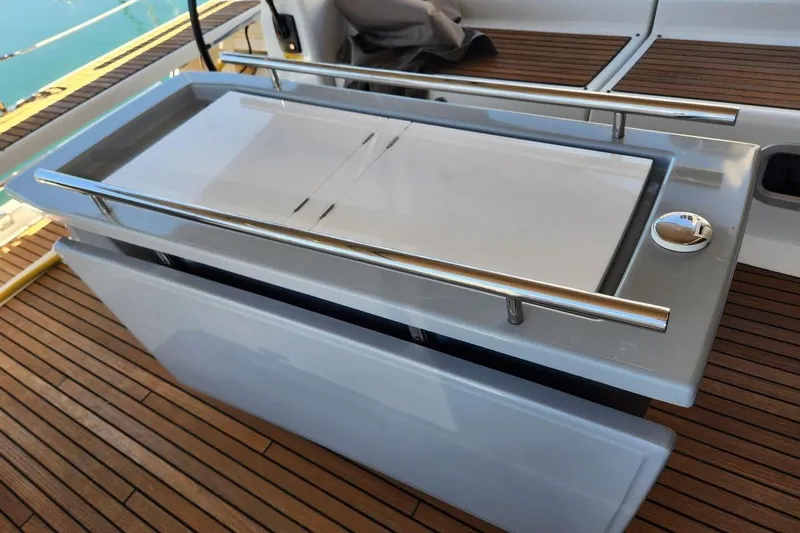La Bella Vita Yacht Photos Pics Beneteau Oceanis 45 (2015) yacht deck with sleek outdoor kitchen setup.