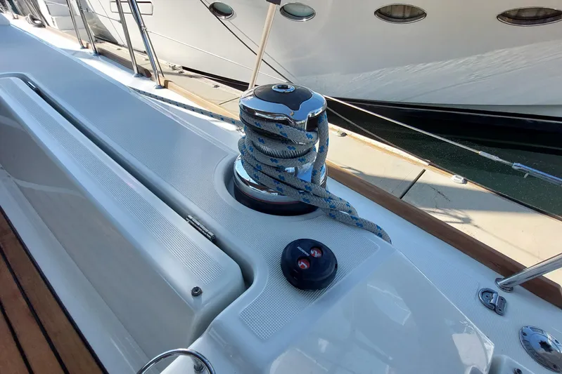 La Bella Vita Yacht Photos Pics Winch and rope on 2015 Beneteau Oceanis 45 yacht deck.