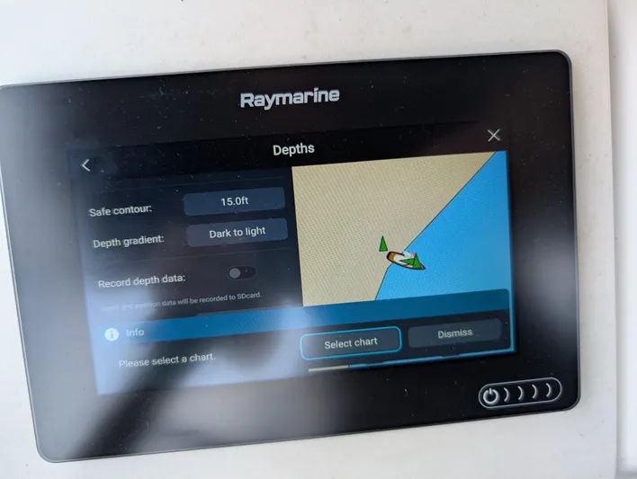 Seastar Yacht Photos Pics Raymarine depth display on 2003 Beneteau Oceanis 473 sailboat, showing navigation settings.