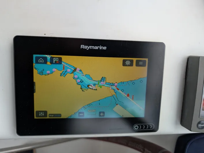 Seastar Yacht Photos Pics Raymarine navigation display on 2003 Beneteau Oceanis 473 sailboat, showing nautical chart.