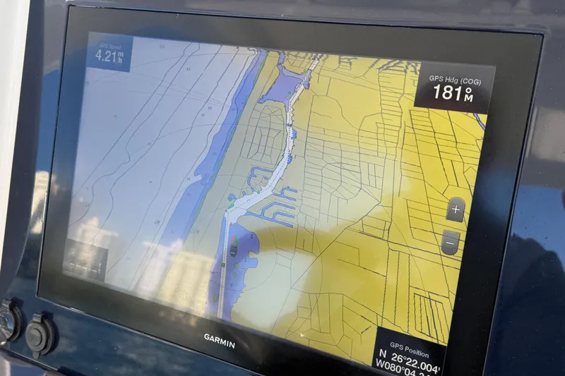  Yacht Photos Pics Garmin GPS display on 2020 Midnight Express 34 Open boat, showing navigation map.