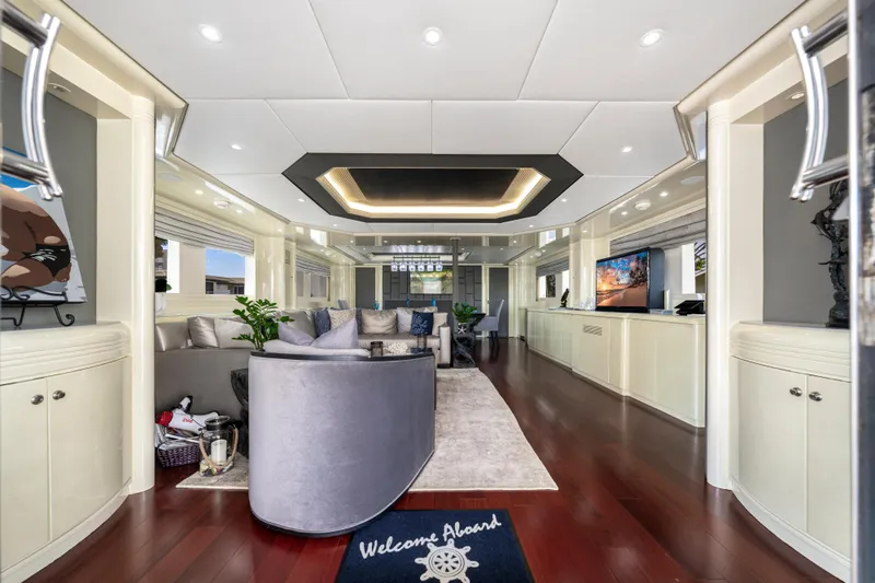 The Pearl Yacht Photos Pics Luxurious interior of 1998 Intermarine 118 yacht with elegant furnishings and modern decor.