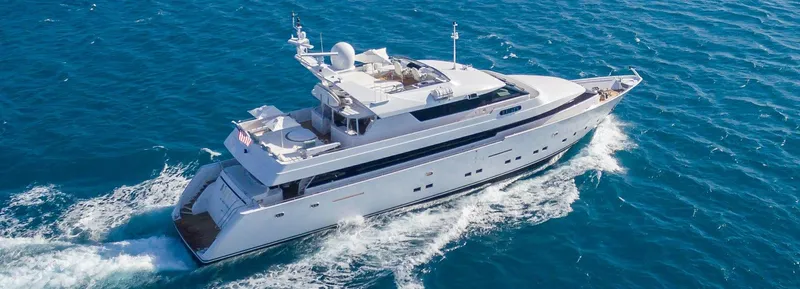 The Pearl Yacht Photos Pics Luxury Intermarine 118 yacht cruising on open sea, 1998 model.