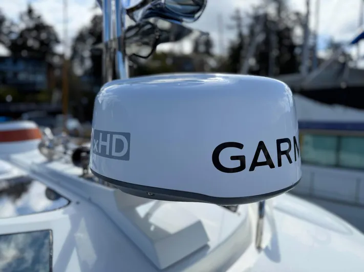 Salty Growler Yacht Photos Pics Garmin radar on 2017 Ranger Tugs R-29 S boat, docked in marina.