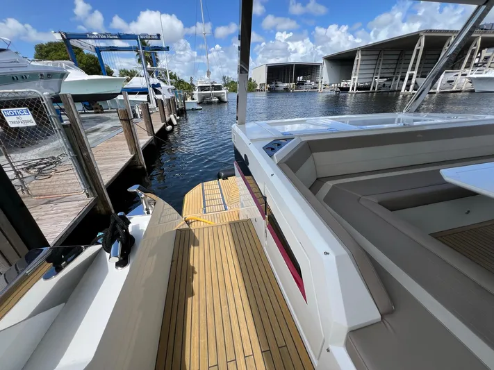  Yacht Photos Pics Galeon 680 Fly 2020 yacht docked at marina with clear blue sky.