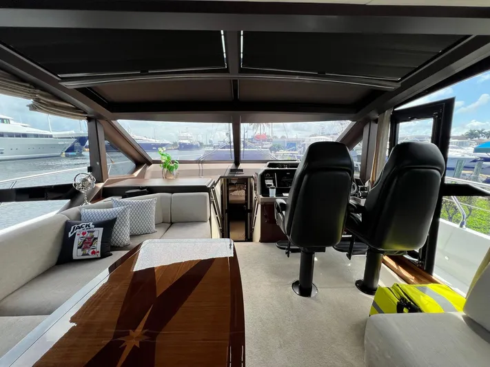  Yacht Photos Pics Luxurious interior of 2020 Galeon 680 Fly yacht with plush seating and modern helm.
