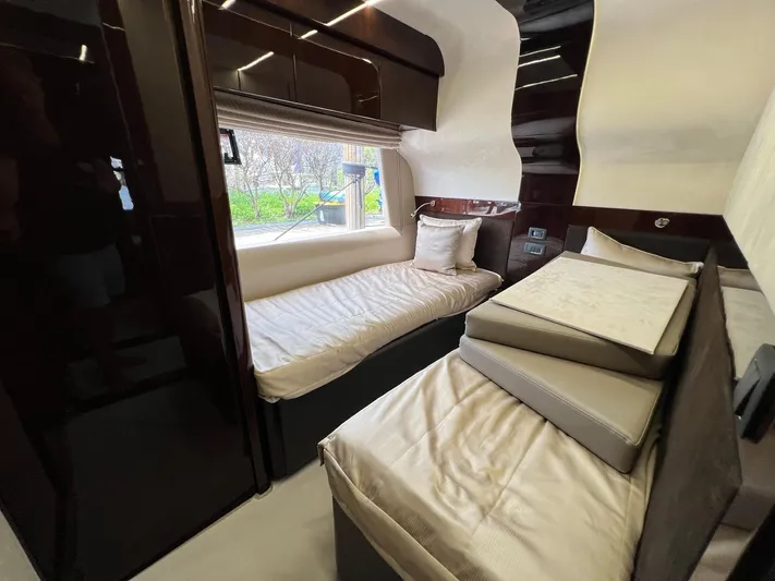 Yacht Photos Pics Luxurious cabin interior of 2020 Galeon 680 Fly yacht with modern design and comfortable bedding.