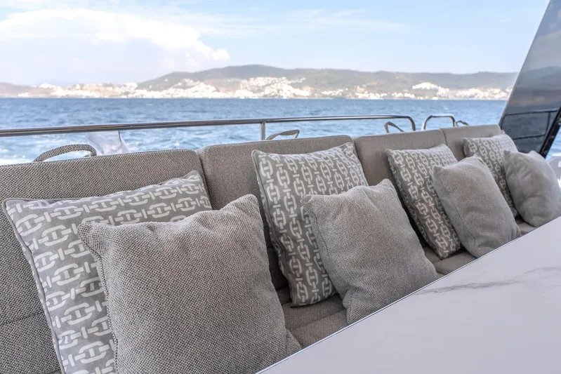  Yacht Photos Pics Luxurious seating with patterned cushions on 2023 Sunreef 60 Power yacht, ocean view.