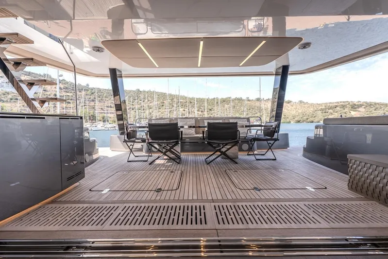  Yacht Photos Pics Luxurious Sunreef 60 Power yacht deck with modern seating, 2023 model.