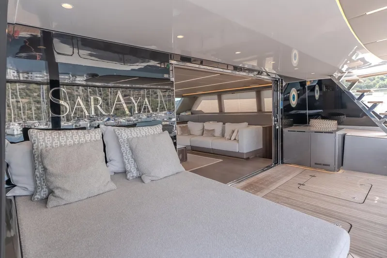  Yacht Photos Pics Luxurious Sunreef 60 Power yacht interior, featuring elegant seating and modern design, 2023 model.