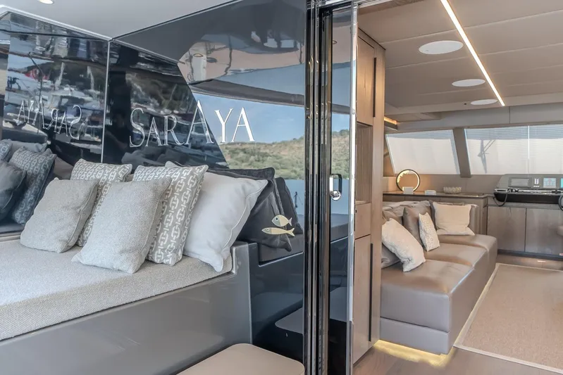  Yacht Photos Pics Luxurious interior of 2023 Sunreef 60 Power yacht with plush seating and elegant decor.