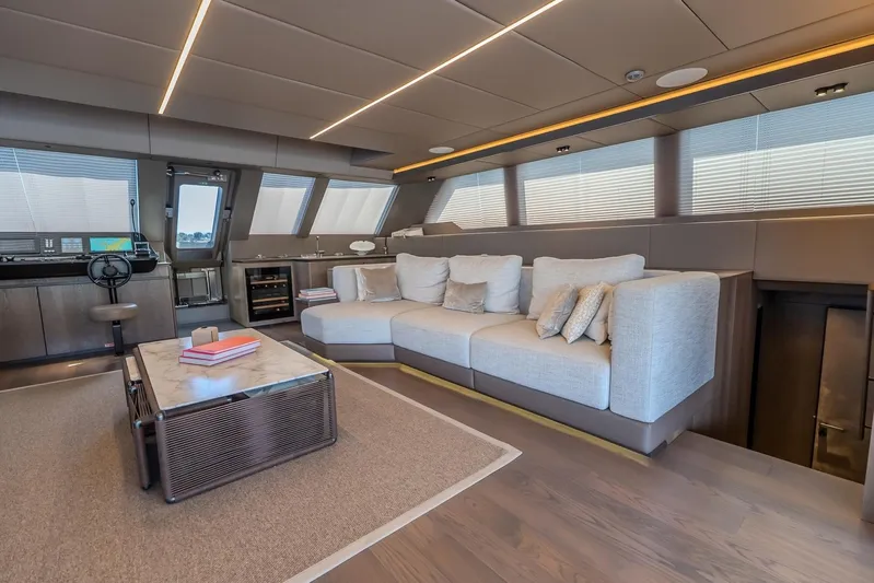  Yacht Photos Pics Luxurious interior of 2023 Sunreef 60 Power yacht with modern seating and elegant decor.